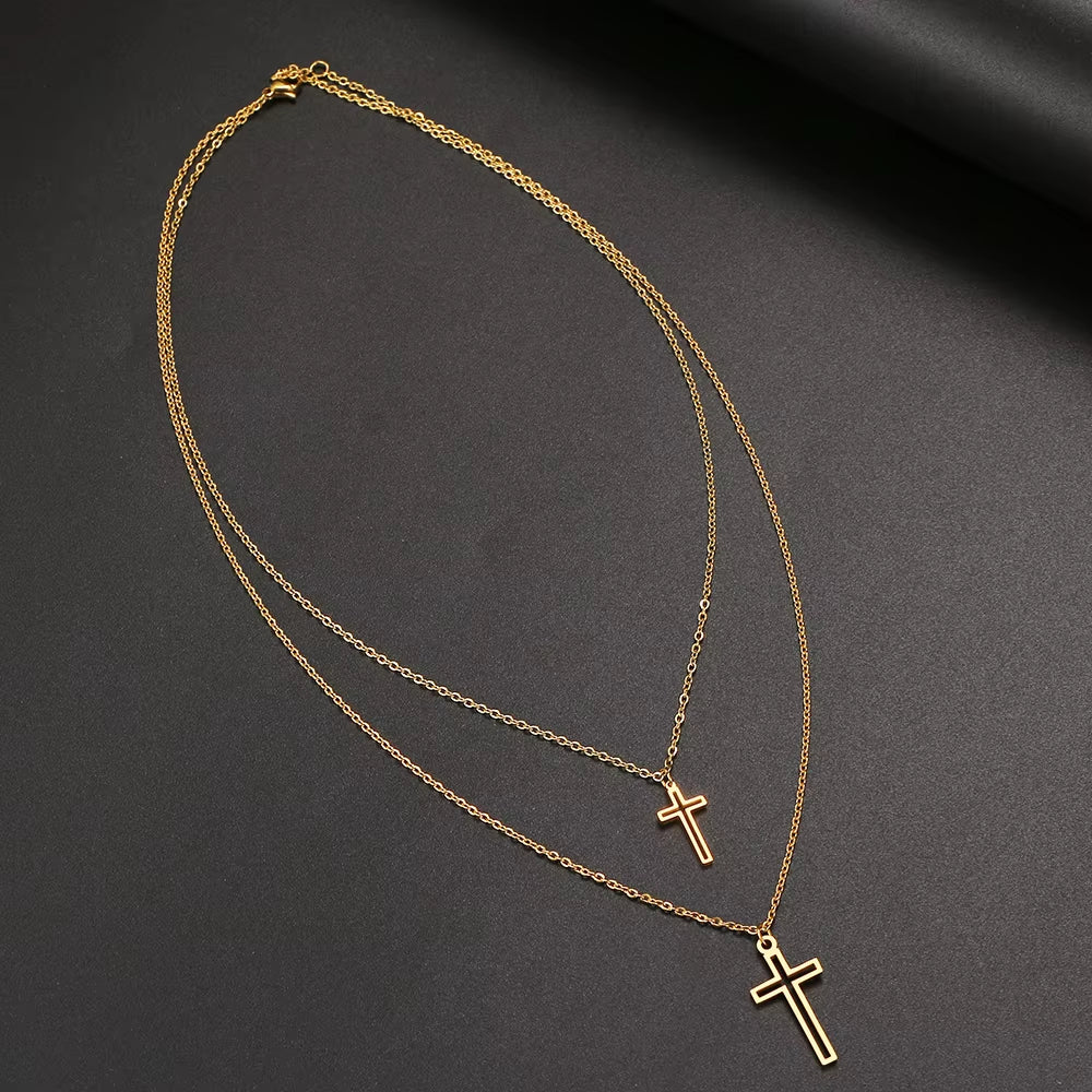 Stainless Steel Necklaces Fashion Pendant Multi-Layer Style Pierced Cross Jesus Chain Necklace for Women Jewelry 