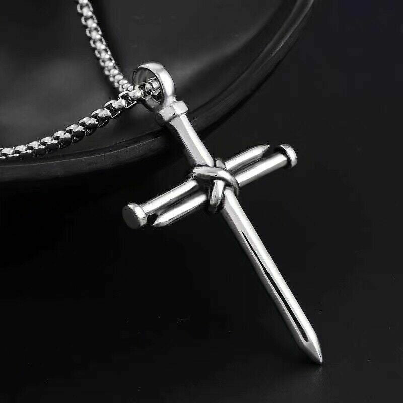 Men'S Christ Jesus Nail Rope Cross Pendant Necklace Christian Jewelry Chain 24"