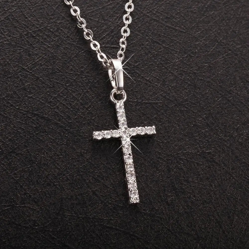 Womens Crystal Jesus Cross Pendant Necklace 