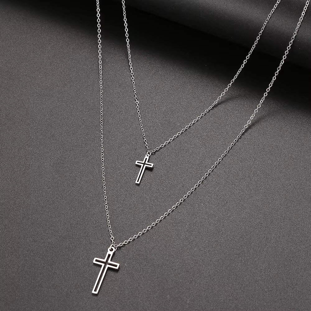 Stainless Steel Necklaces Fashion Pendant Multi-Layer Style Pierced Cross Jesus Chain Necklace for Women Jewelry 