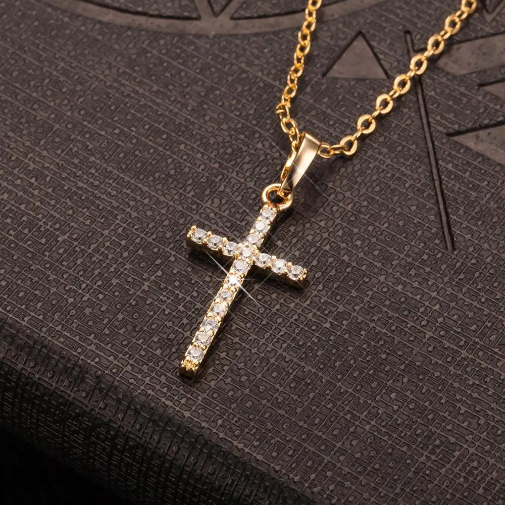 Womens Crystal Jesus Cross Pendant Necklace 