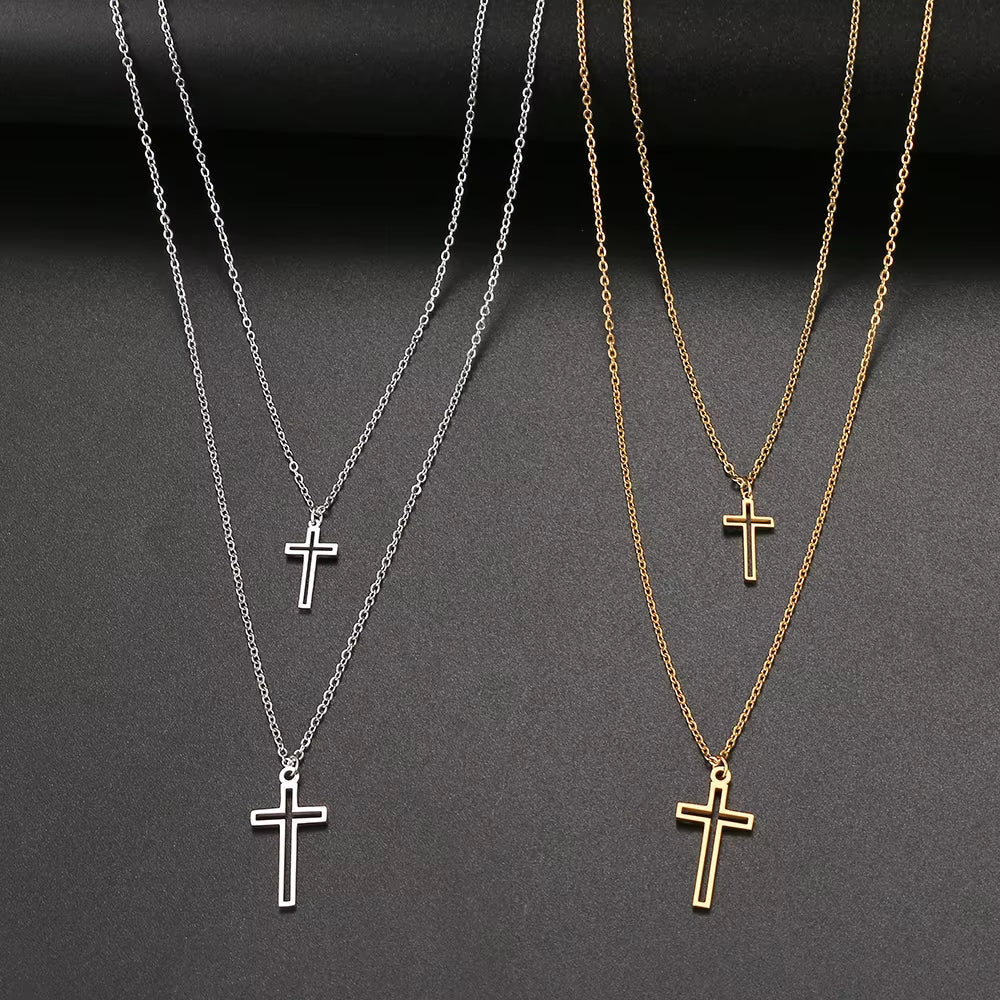 Stainless Steel Necklaces Fashion Pendant Multi-Layer Style Pierced Cross Jesus Chain Necklace for Women Jewelry 