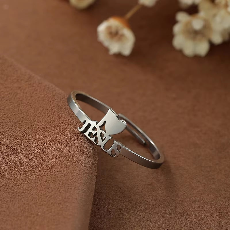 I Love Jesus Lettrt Finger Ring Women Christian Stainless Steel Jewelry Religious Open Rings Gift