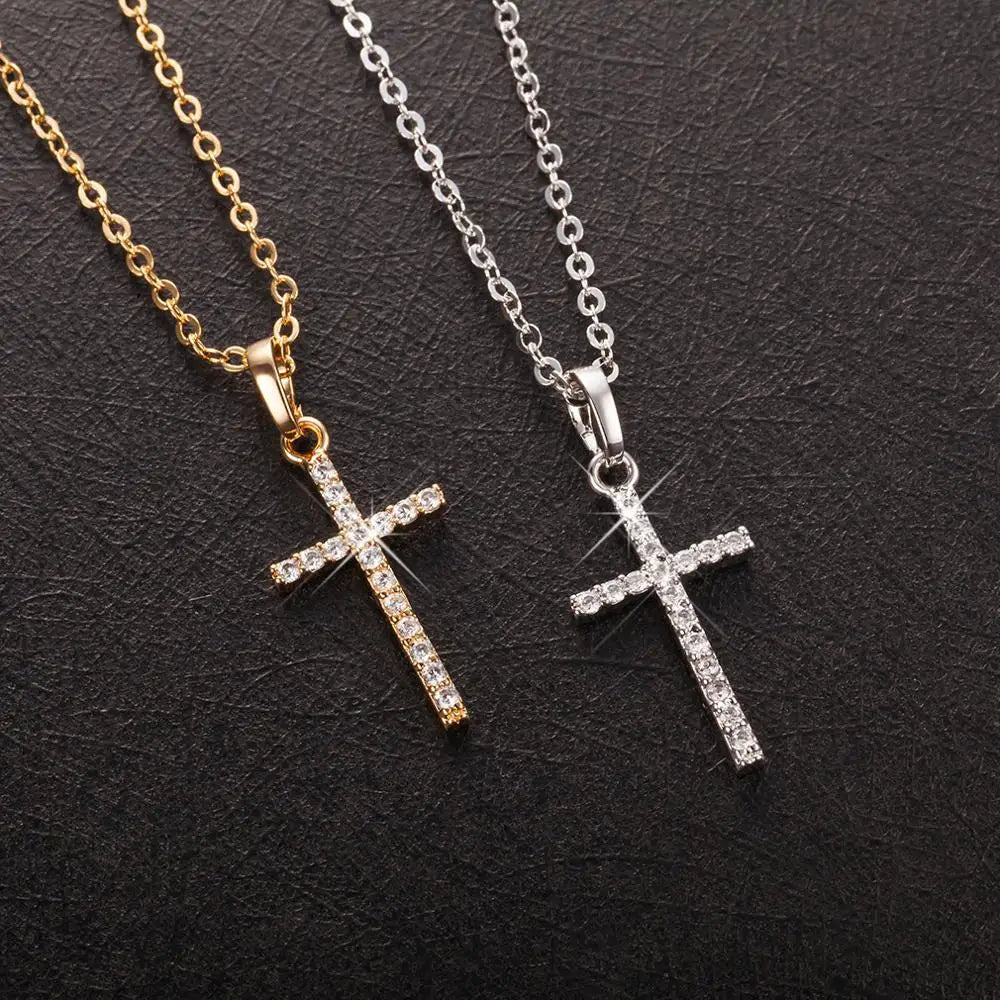 Womens Crystal Jesus Cross Pendant Necklace 