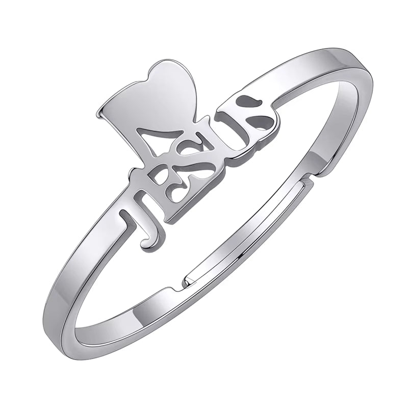 I Love Jesus Lettrt Finger Ring Women Christian Stainless Steel Jewelry Religious Open Rings Gift